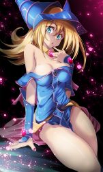 Rule 34 | 1girl, blonde hair, blue eyes, blue footwear, blue hat, breasts, cleavage, dark magician girl, duel monster, finger to mouth, hat, hexagram, highres, large breasts, long hair, looking at viewer, nail polish, open mouth, pentacle, pentagram, pink nails, solo, tsukishiro saika, wizard hat, yu-gi-oh!