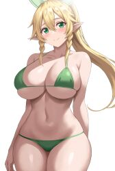 Rule 34 | 1girl, absurdres, bare shoulders, bikini, blonde hair, blush, braid, breasts, closed mouth, collarbone, commentary, cowboy shot, curvy, elf, green bikini, green eyes, hair between eyes, highres, jasony, large breasts, leafa, long hair, looking at viewer, navel, paid reward available, pointy ears, ponytail, simple background, skindentation, smile, swimsuit, sword art online, thighs, twin braids, underboob, very long hair, white background, wide hips