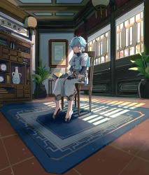 Rule 34 | 1boy, absurdres, bishounen, blue hair, chinese clothes, chongyun (genshin impact), commentary request, day, genshin impact, highres, indoors, male focus, nakura hakuto, plant, potted plant, rug, short hair, sunlight, window