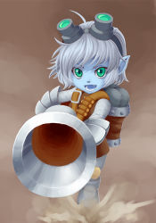 Rule 34 | 1girl, aqua eyes, blue skin, bullet, cannon, colored skin, fang, gauntlets, goggles, goggles on head, head-mounted display, ibushi (oath), league of legends, pointy ears, silver hair, solo, tristana, yordle