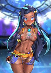 Rule 34 | 1girl, abs, armlet, belly chain, bikini, black hair, blue eyes, blue hair, blurry, blurry background, blush, breasts, cameltoe, cleft of venus, closed mouth, commentary, covered erect nipples, cowboy shot, creatures (company), dark-skinned female, dark skin, earrings, embarrassed, eyeshadow, foxyreine, game freak, gym leader, hair bun, highres, holding, holding poke ball, hoop earrings, jewelry, long hair, makeup, multicolored hair, navel, necklace, nessa (pokemon), nintendo, nipples, poke ball, poke ball (basic), pokemon, pokemon swsh, see-through, see-through shirt, shiny skin, single hair bun, solo, swimsuit, tankini, two-tone hair, wet, wet clothes