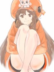 Rule 34 | 1girl, anchor, brown eyes, brown hair, closed mouth, guilty gear, hat, highres, hood, hoodie, long hair, looking at viewer, may (guilty gear), orange hat, orange hoodie, orange shirt, pirate hat, shirt, simple background, smile, solo, toutoumi, white background