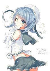 Rule 34 | 1girl, blue eyes, blue hair, blush, breasts, double bun, elbow gloves, gloves, hair between eyes, hair bun, hat, highres, hizaka, kantai collection, large breasts, long hair, looking at viewer, one-hour drawing challenge, one eye closed, pleated skirt, sailor hat, school uniform, serafuku, simple background, skirt, sleeves rolled up, smile, solo, twitter username, urakaze (kancolle), white background, white gloves, white hat