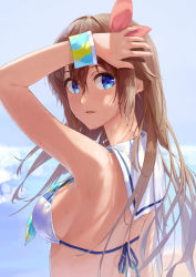 Rule 34 | 1girl, armpits, bikini, blue eyes, breasts, brown hair, from behind, from side, hair flaps, hair ribbon, highres, holding, holding own hair, hololive, long hair, looking back, looking to the side, makimaki makky7, medium breasts, parted lips, red ribbon, ribbon, sailor bikini, sailor collar, sideboob, solo, string bikini, swimsuit, tokino sora, tokino sora (hololive summer 2019), upper body, virtual youtuber, wet, wet hair, wrist cuffs