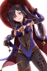 Rule 34 | 1girl, black bodysuit, black gloves, bodysuit, breasts, brown hair, cape, cleavage, closed mouth, cowboy shot, detached sleeves, earrings, elbow gloves, floating hair, frown, genshin impact, gloves, gratin2112, grey eyes, hair between eyes, hand on own hip, hat, highres, jewelry, leotard, long hair, long sleeves, looking at viewer, mona (genshin impact), purple cape, purple leotard, purple sleeves, simple background, small breasts, solo, standing, strapless, strapless leotard, twintails, very long hair, white background, witch hat