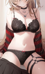 Rule 34 | 1girl, arm support, black bra, black choker, black hair, black panties, black skirt, black sweater, bow, bow panties, bra, breasts, brown hair, choker, cleavage, commentary, deyui, english commentary, heart, heart choker, highres, hololive, hololive english, jewelry, lace, lace-trimmed choker, lace-trimmed panties, lace panties, lace trim, lingerie, medium breasts, multicolored hair, nanashi mumei, nanashi mumei (emo), navel, necklace, o-ring, o-ring thigh strap, off shoulder, official alternate costume, paid reward available, panties, pleated skirt, red sweater, shirt, sitting, skirt, smile, solo, stomach, streaked hair, striped clothes, striped sweater, sweater, thigh strap, underwear, unworn skirt, virtual youtuber, white hair