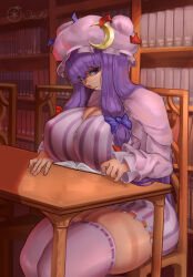 Rule 34 | 1girl, absurdres, breast rest, breasts, chair, cleavage, covered erect nipples, crescent, crescent hat ornament, curvy, desk, hat, hat ornament, highres, huge breasts, long hair, low-tied sidelocks, ourobot, patchouli knowledge, purple eyes, purple hair, sitting, solo, thick thighs, thighhighs, thighs, touhou