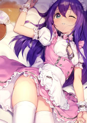 Rule 34 | 1girl, absurdres, animal print, apron, bed sheet, blush, bow, bra, breasts, buttons, cleavage, cup, double-breasted, frilled apron, frills, green eyes, hair between eyes, highres, huge filesize, idolmaster, idolmaster million live!, idolmaster million live! theater days, long hair, looking at viewer, lying, maid headdress, mochizuki anna, on back, one eye closed, panties, parted lips, pink bow, pink panties, pink skirt, puffy short sleeves, puffy sleeves, purple hair, rabbit print, shennai misha, short sleeves, skindentation, skirt, small breasts, solo, spill, tea, teacup, teeth, thighhighs, underwear, waist apron, white apron, white thighhighs, wrist cuffs