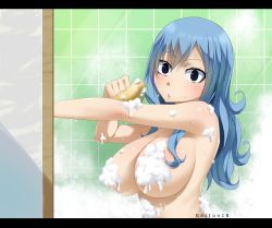 Rule 34 | 1girl, absurdres, artist name, bath, bathroom, blue hair, breasts, convenient censoring, fairy tail, gaston18, highres, indoors, juvia lockser, large breasts, long hair, looking at viewer, nude, soap, soap bubbles, soap censor, solo