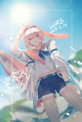 Rule 34 | 1boy, animal ears, ansel (arknights), ansel (casual vacation) (arknights), arknights, bare legs, blue neckerchief, blue shorts, chinese text, commentary, cowboy shot, dated, day, dutch angle, hand up, highres, jacket, lens flare, long sleeves, looking at viewer, lubuting, male focus, midriff peek, neckerchief, official alternate costume, outdoors, parted lips, pink hair, rabbit ears, red eyes, shirt, short hair, shorts, solo, splashing, sunlight, symbol-only commentary, visor cap, white jacket, white shirt, wristband
