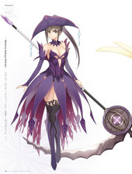 Rule 34 | 1girl, artist name, black eyes, black hair, breasts, character name, choker, cleavage, copyright name, detached sleeves, dress, earrings, full body, high ponytail, highres, holding, holding weapon, jewelry, long hair, looking at viewer, maxima sakuya enfield, medium breasts, purple dress, purple hair, maxima sakuya enfield, scythe, shining (series), shining ark, sideboob, simple background, sleeveless, sleeveless dress, solo, standing, strapless, strapless dress, thighhighs, tony taka, weapon, white background, white thighhighs