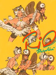 Rule 34 | 2boys, akaashi keiji, animal, animal costume, animalization, bird, bird costume, bird wings, black eyes, black hair, bokuto koutarou, brown feathers, brown shorts, brown wings, carnival, chengongzi123, closed eyes, colored eyelashes, facing another, fake wings, feathered wings, feathers, flapping, flinch, glasses, grey feathers, haikyuu!!, hands up, highres, holding hands, looking at another, male focus, multiple boys, no shirt, open mouth, owl, owl costume, parted lips, rio (movie), short hair, shorts, simple background, slit pupils, standing, thick eyebrows, very short hair, wings, yaoi, yellow background, yellow eyes