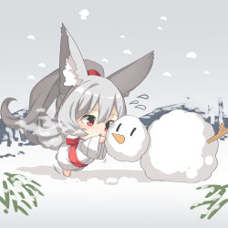 Rule 34 | 1girl, animal ear fluff, animal ears, barefoot, breath, chibi, commentary request, flying sweatdrops, fox ears, fox girl, fox tail, grey hair, grey sky, hair between eyes, hair rings, highres, holding, japanese clothes, kimono, leaning forward, long hair, long sleeves, obi, open mouth, original, outdoors, ponytail, red eyes, running, sash, sky, snow, snowing, snowman, solo, standing, standing on one leg, tail, very long hair, white kimono, wide sleeves, yuuji (yukimimi), | |