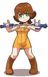 Rule 34 | 1girl, boots, breasts, brown hair, closed mouth, commentary request, dress, final fantasy, final fantasy viii, flipped hair, green eyes, highres, looking at viewer, nunchaku, selphie tilmitt, short hair, simple background, skirt, solo, weapon, white background, yellow overalls, yellow skirt, yuuya (blue scarab)