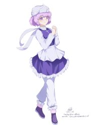 Rule 34 | 1girl, absurdres, adapted costume, apron, blue skirt, blue vest, closed mouth, flat chest, frilled skirt, frills, full body, fur-trimmed footwear, fur trim, highres, letty whiterock, loafers, long sleeves, puffy sleeves, purple eyes, purple footwear, purple hair, scarf, shirt, shoes, short hair, simple background, skirt, smile, standing, touhou, triangular headpiece, vest, waist apron, white apron, white background, white headwear, white scarf, white shirt, zyryab