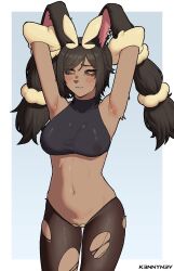 1girl armpits black_shirt bow brown_fur brown_hair brown_pantyhose cowboy_shot creatures_(company) cropped_shirt crotchless crotchless_pantyhose furry fusion game_freak gen_4_pokemon hair_bow heart_maebari highres k3nnyn3v limbus_company looking_at_viewer lopunny maebari mega_lopunny mega_pokemon navel nintendo outis_(project_moon) paid_reward_available pantyhose pokemon pokemon_(creature) project_moon shirt short_hair solo