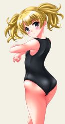 Rule 34 | 1girl, black eyes, black one-piece swimsuit, blonde hair, blunt bangs, commentary request, cowboy shot, from behind, highres, kaze makase, long hair, looking at viewer, monika weisswind, one-piece swimsuit, princess connect!, school swimsuit, simple background, solo, swimsuit, twintails, wavy hair, white background