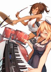 Rule 34 | 2girls, :d, beize (garbage), beret, blonde hair, brown hair, commentary request, cymbals, drum, drum set, drumsticks, closed eyes, fang, glasses, hat, highres, i-401 (kancolle), i-8 (kancolle), instrument, kantai collection, keyboard (instrument), multiple girls, old school swimsuit, one-piece swimsuit, open mouth, ponytail, red-framed eyewear, school swimsuit, school uniform, serafuku, simple background, smile, swimsuit, swimsuit under clothes, wet, white background