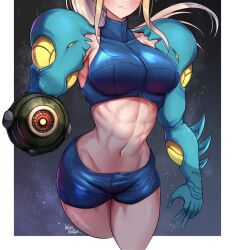 Rule 34 | 1girl, abs, blonde hair, bra, breasts, female focus, formal, fusion suit, highres, large breasts, long hair, metroid, metroid fusion, mole, mole under mouth, navel, nintendo, samus aran, shorts, solo, solo focus, standing, suit, thighs, underwear, wata ridley