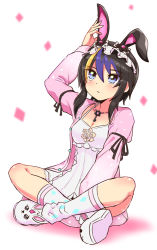 Rule 34 | 1girl, alesro (beatus creation), animal ears, animal print, beatus creation, black hair, black hairband, blonde hair, blue eyes, blue hair, breasts, cardigan, closed mouth, commentary, cougar (cougar1404), dress, fake animal ears, frilled hairband, frills, hairband, halterneck, indian style, jewelry, light frown, long sleeves, looking at viewer, multicolored hair, necklace, pink cardigan, print footwear, rabbit, rabbit print, short dress, short hair, sitting, small breasts, socks, solo, spaghetti strap, streaked hair, symbol-only commentary, white dress, white footwear, white socks