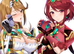 Rule 34 | 2girls, black gloves, blonde hair, box, breasts, chest jewel, dress, earrings, elbow gloves, fingerless gloves, gift, gift box, gloves, headpiece, heart-shaped box, highres, jewelry, large breasts, long hair, multiple girls, mythra (xenoblade), nintendo, one eye closed, open mouth, pyra (xenoblade), red eyes, red hair, short dress, short hair, super smash bros., super smash bros. logo, swept bangs, tiara, very long hair, white gloves, xenoblade chronicles (series), xenoblade chronicles 2, yellow eyes, yuuki shin
