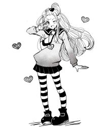 Rule 34 | 1girl, absurdres, blush, chocolat meilleure, commentary request, earrings, full body, greyscale, heart, heart pendant, highres, jewelry, kasuga kaya, korean commentary, long hair, long sleeves, looking at viewer, monochrome, necktie, one eye closed, open mouth, school uniform, sidelocks, smile, solo, striped clothes, striped thighhighs, sugar sugar rune, thighhighs, v