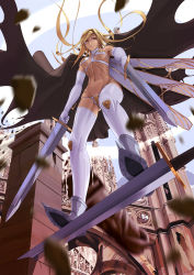 Rule 34 | 1girl, :&lt;, armor, armored boots, bare shoulders, bikini armor, blonde hair, boots, breasts, cameltoe, cape, dark skin, dual wielding, elbow gloves, from below, gloves, highres, holding, kondosan, long hair, looking to the side, navel, original, pasties, red eyes, rubble, sword, thighhighs, tower, underboob, weapon