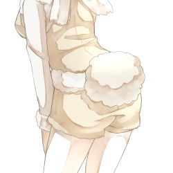 Rule 34 | 10s, 1girl, alpaca suri (kemono friends), alpaca tail, ass, back, from behind, fur-trimmed shorts, fur-trimmed sleeves, fur trim, hand on own thigh, highres, kemono friends, long sleeves, out of frame, pantyhose, pantyhose under shorts, scarf, shorts, simple background, solo, standing, sweater, tail, thin (suzuneya), upper body, white background, white pantyhose