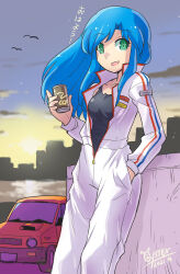 Rule 34 | 1girl, artist name, bird, black shirt, blue hair, can, car, city connection, cityscape, clarice (city connection), commentary, dated, drink can, green eyes, hand in pocket, highres, holding, holding can, horizon, jumpsuit, long hair, long sleeves, looking at viewer, motor vehicle, open mouth, oyster (artist), partially unzipped, racing suit, shirt, signature, smile, soda can, solo, standing, sunrise, tank top, translated, white jumpsuit, wind