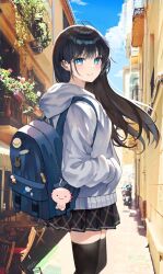 Rule 34 | 1girl, backpack, bag, bag charm, black hair, black skirt, black thighhighs, blue bag, blue eyes, blue sky, building, chair, charm (object), closed mouth, cloud, day, floating hair, hand in pocket, hood, hood down, hooded jacket, jacket, long hair, looking at viewer, looking to the side, miniskirt, mole, mole under eye, motor vehicle, motorcycle, original, outdoors, pleated skirt, shan (ti0n), sidelocks, skirt, sky, smile, solo, standing, thighhighs, thighs, white jacket, zettai ryouiki