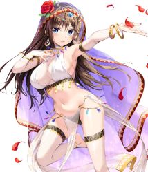 Rule 34 | 1girl, arabian clothes, bangle, black panties, blue eyes, blush, boku no kanojo sensei, bracelet, breasts, bridal gauntlets, brown hair, circlet, cleavage, collarbone, earrings, flower, fujiki maka, gloves, gold trim, hair between eyes, hair flower, hair ornament, hand up, jewelry, large breasts, leg up, long hair, looking at viewer, midriff, nail polish, navel, o-ring, open mouth, oryo (oryo04), outstretched arm, panties, pelvic curtain, petals, pink nails, simple background, smile, solo, stomach, thighhighs, thighs, underwear, very long hair, white background, white gloves