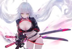 Rule 34 | 1girl, ahoge, bikini, black bikini, black choker, black gloves, black jacket, blurry, blurry background, breasts, choker, cleavage, collarbone, commentary request, depth of field, fate/grand order, fate (series), floating hair, gloves, holding, holding sheath, jacket, jeanne d&#039;arc alter (swimsuit berserker) (fate), jeanne d&#039;arc (fate), jeanne d&#039;arc alter (fate), jeanne d&#039;arc alter (swimsuit berserker) (fate), katana, kisei2, large breasts, leaning to the side, long hair, long sleeves, looking at viewer, navel, o-ring, o-ring bikini, o-ring bottom, o-ring top, parted lips, sheath, sheathed, shrug (clothing), silver hair, smile, solo, standing, swimsuit, sword, very long hair, weapon, white background, yellow eyes