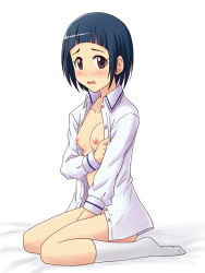 Rule 34 | 1girl, between legs, blue hair, blunt bangs, blush, bottomless, breast hold, breasts, brown eyes, collarbone, collared shirt, commentary request, from side, full body, hand between legs, idolmaster, idolmaster cinderella girls, kneehighs, lielos, looking at viewer, medium breasts, nipples, okazaki yasuha, open clothes, open shirt, pixie cut, raised eyebrows, seiza, shirt, shirt hold, short hair, sidelocks, sitting, socks, solo, wavy mouth, white background, white shirt, white socks