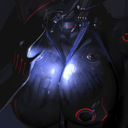 Rule 34 | 1girl, absurdres, black bodysuit, bodysuit, breasts, cleavage, close-up, commentary request, glowing, helmet, highres, impossible bodysuit, impossible clothes, large breasts, mecha musume, original, partial commentary, science fiction, shizuoxing kof, skin tight, solo, wet