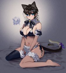 Rule 34 | 1girl, :t, afterimage, animal ears, apron, bare shoulders, barefoot, bed sheet, bell, bikini, black bikini, black hair, black ribbon, black thighhighs, blue eyes, blush, breasts, bridal garter, cat, cat ears, cat girl, cat tail, cleavage, detached collar, detached sleeves, flipped hair, front-tie bikini top, front-tie top, full body, gloves, grey background, hair between eyes, jingle bell, large breasts, looking at viewer, maid, maid bikini, navel, neck bell, neck ribbon, on bed, original, pout, purple ribbon, ribbon, shino yoshihisa, short hair, side-tie bikini bottom, sitting, skindentation, solo, string bikini, swimsuit, tail, tail ornament, tail ribbon, tail wagging, thighhighs, unconventional maid, v arms, waist apron, wariza, white apron, white gloves