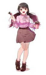 Rule 34 | 1girl, ankle socks, black footwear, black hair, black skirt, bracelet, brown eyes, candy, center frills, collared shirt, commentary, cross-laced footwear, cup, food, frilled sleeves, frilled socks, frills, full body, hair tie, heart, heart necklace, heel up, highres, holding, holding cup, idolmaster, idolmaster cinderella girls, jewelry, kamille (vcx68), lollipop, long hair, long sleeves, looking at viewer, low twintails, medium skirt, nakano yuka, neck ribbon, necklace, open mouth, pink shirt, pink socks, polka dot, ribbon, shadow, shirt, shoes, simple background, skirt, smile, socks, solo, standing, twintails, white background, white ribbon