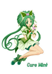 Rule 34 | 00s, 1girl, akimoto komachi, akizuki shigure, bike shorts, bike shorts under skirt, bug, butterfly, butterfly hair ornament, character name, cure mint, derivative work, flower, full body, gloves, green eyes, green hair, green theme, hair flower, hair ornament, highres, insect, long hair, magical girl, matching hair/eyes, md5 mismatch, pink flower, pink rose, precure, puffy sleeves, rose, shoes, shorts, shorts under skirt, skirt, smile, solo, white background, yes! precure 5