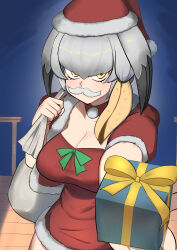 1girl box breasts capelet christmas christmas_present cleavage dress fake_facial_hair fake_mustache fur-trimmed_capelet fur-trimmed_dress fur-trimmed_headwear fur_trim gift gift_box grey_hair hair_between_eyes hat head_wings highres holding holding_sack john_(a2556349) kemono_friends kemono_friends_3 large_breasts looking_at_viewer multicolored_hair red_capelet red_dress red_hat sack santa_capelet santa_costume santa_dress santa_hat shoebill_(kemono_friends) short_sleeves sidelocks solo wings yellow_eyes