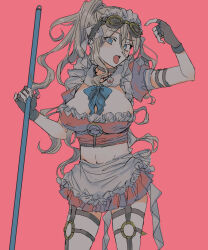 Rule 34 | 1girl, :p, aemono (lemolemo lmn), alternate costume, apron, barbed wire, black choker, blue bow, blue bowtie, blue eyes, bow, bowtie, breasts, broom, brown gloves, choker, danganronpa (series), danganronpa v3: killing harmony, enmaided, fingerless gloves, gloves, goggles, goggles on head, grey apron, highres, holding, holding broom, iruma miu, large breasts, maid, maid headdress, miniskirt, o-ring, pink background, pink skirt, ponytail, puffy short sleeves, puffy sleeves, short sleeves, simple background, skirt, solo, teeth, tongue, tongue out, upper teeth only, waist apron