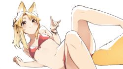 Rule 34 | 1girl, animal ear fluff, animal ears, ariyoshi gen, bare shoulders, bikini, blush, bracelet, closed mouth, feet out of frame, flat chest, fox ears, fox girl, fox shadow puppet, fox tail, halterneck, hand up, jewelry, looking at viewer, lying, medium hair, navel, on side, original, parted lips, red bikini, shirt, side ponytail, simple background, smile, solo, striped bikini, striped clothes, swimsuit, tail, white shirt, yellow eyes