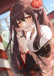 Rule 34 | 1girl, :d, alternate costume, black kimono, black nails, blush, commentary request, day, floral print, flower, flower-shaped pupils, fur collar, genshin impact, ghost, gya (144), hair flower, hair ornament, highres, hu tao (genshin impact), japanese clothes, jewelry, kimono, long hair, long sleeves, looking at viewer, multiple rings, nail polish, new year, open mouth, orange eyes, outdoors, print kimono, red flower, ring, round teeth, sidelocks, smile, solo, symbol-shaped pupils, teeth, twintails, twitter username, upper body, upper teeth only, very long hair, wide sleeves
