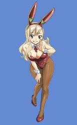 Rule 34 | 1girl, animal costume, animal ears, bare shoulders, blonde hair, blue eyes, breasts, cleavage, eden&#039;s zero, fake animal ears, highres, large breasts, leotard, long hair, looking at viewer, mashima hiro, official art, pantyhose, playboy bunny, rabbit ears, rebecca bluegarden, smile, twitter, wide hips