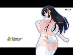 Rule 34 | 1girl, ass, back, black hair, breasts, brown eyes, clothes writing, from behind, inu777, large breasts, long hair, looking back, os-tan, panties, print panties, solo, standing, thigh gap, thighhighs, thighs, topless, trefoil, underwear, underwear only, wallpaper, white panties, white thighhighs, xp-tan, xp64