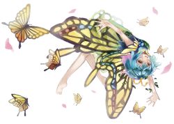Rule 34 | 1girl, antennae, bare arms, bare legs, barefoot, blue hair, brown eyes, bug, butterfly, butterfly wings, dress, eternity larva, full body, green dress, hair ornament, highres, insect, insect wings, leaf hair ornament, looking at viewer, open mouth, outstretched arms, short dress, short hair, simple background, smile, solo, touhou, white background, wings, zhu xiang
