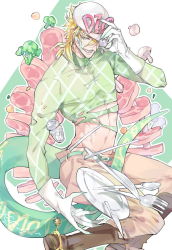Rule 34 | 1boy, blonde hair, boots, broccoli, claws, diego brando, eyeball, food, gloves, hat, jojo no kimyou na bouken, male focus, maosanmu, meat, mushroom, plate, scary monsters (stand), shirt, solo, spurs, stand (jojo), steel ball run, tail, torn clothes, torn shirt