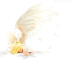 Rule 34 | 1girl, bed, bed sheet, black shirt, blonde hair, clenched hand, crying, feathered wings, feathers, hair ornament, hair tie, highres, lab coat, long sleeves, mangododo, mercy (overwatch), overwatch, overwatch 1, ponytail, shirt, simple background, solo, spread wings, teardrop, tears, twitter username, white background, wings