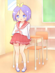 Rule 34 | 1girl, 22m, arms behind back, blue eyes, blue footwear, blush, chair, chalkboard, classroom, collarbone, door, female focus, full body, hairband, heart, heart-shaped pupils, highres, hiiragi tsukasa, indoors, long sleeves, lucky star, open mouth, pigeon-toed, pleated skirt, purple hair, red sailor collar, red skirt, sailor collar, school, school uniform, serafuku, shirt, shoes, short hair, skirt, socks, solo, standing, symbol-shaped pupils, white shirt, white socks