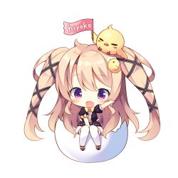 Rule 34 | 1girl, :d, absurdres, ahoge, animal, animal on head, bird, bird hair ornament, black footwear, black shirt, blonde hair, blush, bow, chick, chick on head, commentary request, eggshell, fang, flag, hair between eyes, hair ornament, highres, long hair, nanohana kohina, on head, open mouth, original, puffy short sleeves, puffy sleeves, purple eyes, shirt, short sleeves, sidelocks, simple background, sitting, skirt, smile, solo, thighhighs, two side up, very long hair, white background, white skirt, white thighhighs, yellow bow