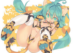 Rule 34 | 1girl, ahoge, animal ears, animal hands, animal print, ass, blade (galaxist), blush, breasts, cameltoe, cat ears, cat tail, cham cham, fang, gloves, green eyes, green hair, long hair, looking at viewer, matching hair/eyes, navel, open mouth, partially visible vulva, paw gloves, paw pose, paw shoes, samurai spirits, shoes, simple background, small breasts, solo, tail, thighhighs, tiger print, white background, white thighhighs