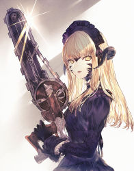 Rule 34 | 1girl, au ra, au ra xaela, bad id, bad pixiv id, black dress, black gloves, blonde hair, chainsaw, closed mouth, collar, dress, expressionless, female focus, final fantasy, final fantasy xiv, from side, glint, gloves, holding, holding weapon, horns, lips, long hair, long sleeves, looking at viewer, looking to the side, maid headdress, matching hair/eyes, shionty, solo, tsurime, upper body, weapon, wrist cuffs, yellow eyes